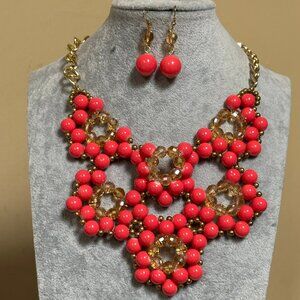 Coral And Clear Orange Glass Bead Gold tone Finish Necklace Earring set